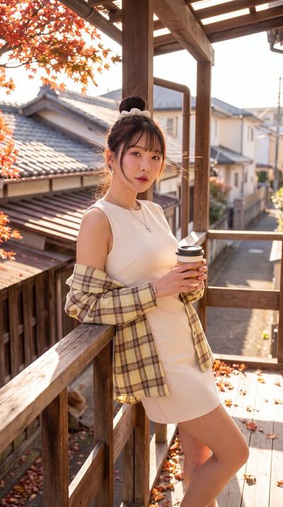 Woman in ivory dress leans on veranda railing in morning sun