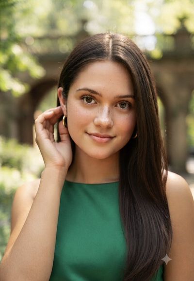A serene woman in green touches gold earrings outdoors.
