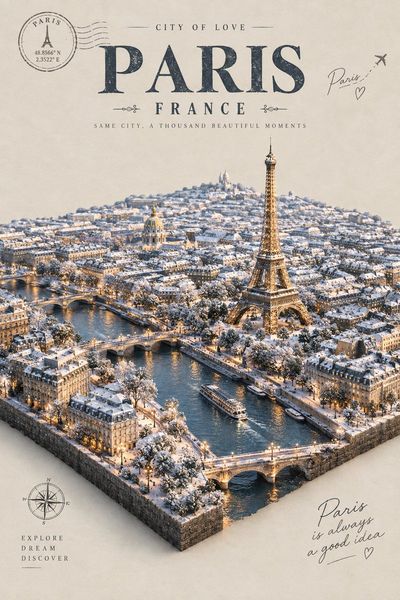 Snowy miniature city diorama glows as a luxury winter escape poster