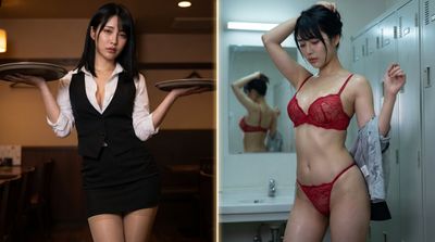 Exhausted waitress changes into red lingerie after her shift