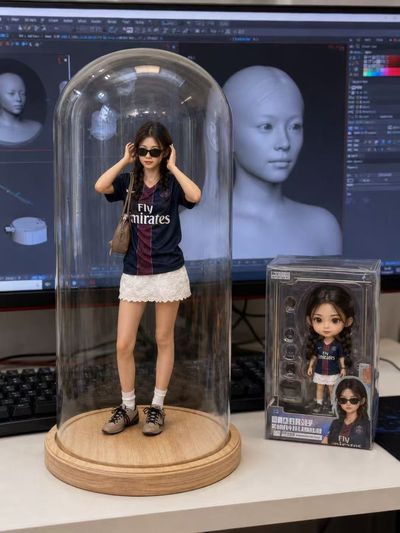 Realistic figurine stands in glass dome on a wooden desk