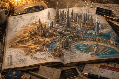 A country emerges from a traveler's sketchbook on a wooden desk