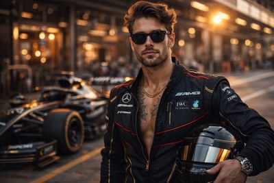 Cinematic Portrait of a Confident F1 Driver in Luxury Racing Gear