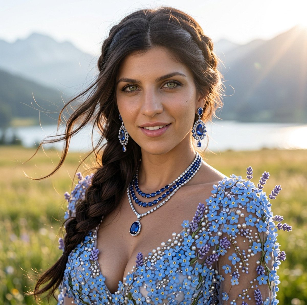 Woman with green eyes stands in golden hour outdoor glow
