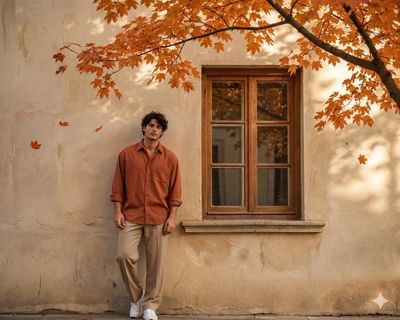 Young man leans against aged wall in warm autumn sunlight