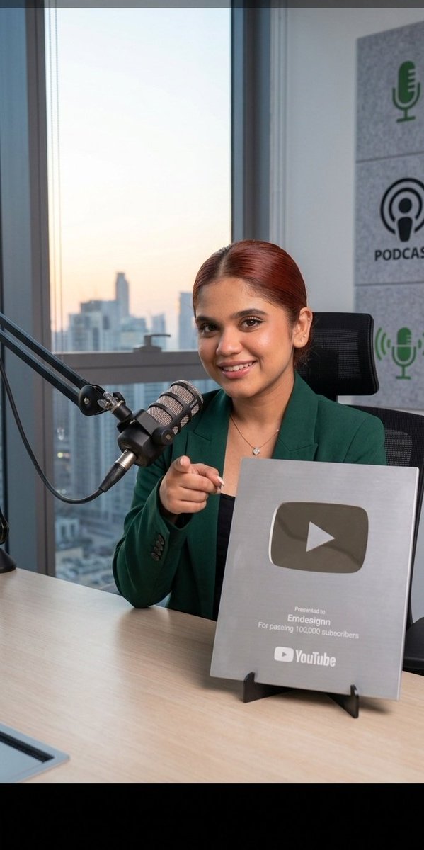 A young YouTuber holds her silver play button award with pride