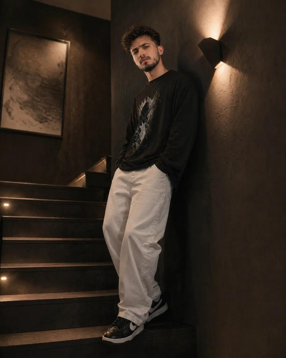 Moody Wide-Angle Portrait in Black Apartment