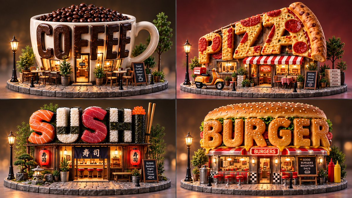 Miniature word storefront glows warmly on round cobblestone plinth at evening