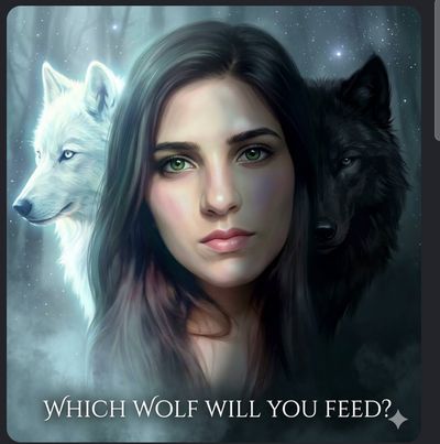 A young woman with green eyes stands between a white and a black wolf