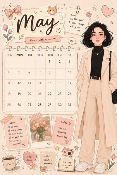 Stylish anime girl poses beside a pastel May calendar