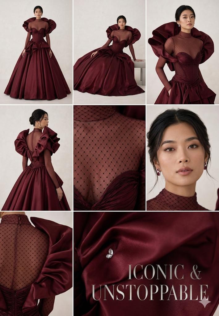 Maroon Elegance: Structured Gown Editorial Grid