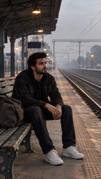 Young South Asian man waits alone on misty railway platform bench