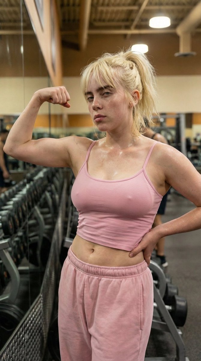 Focused Strength: Blonde Woman Flexing in Pink Gymwear