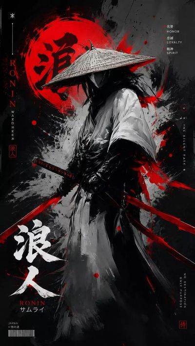 A dark ronin silhouette wields glowing katanas against a red sun