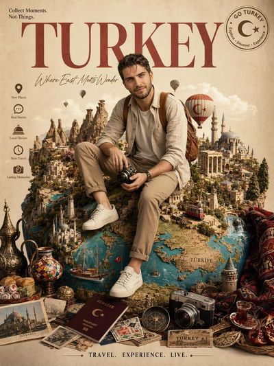 Smiling traveler sits on a miniature globe diorama for Japan