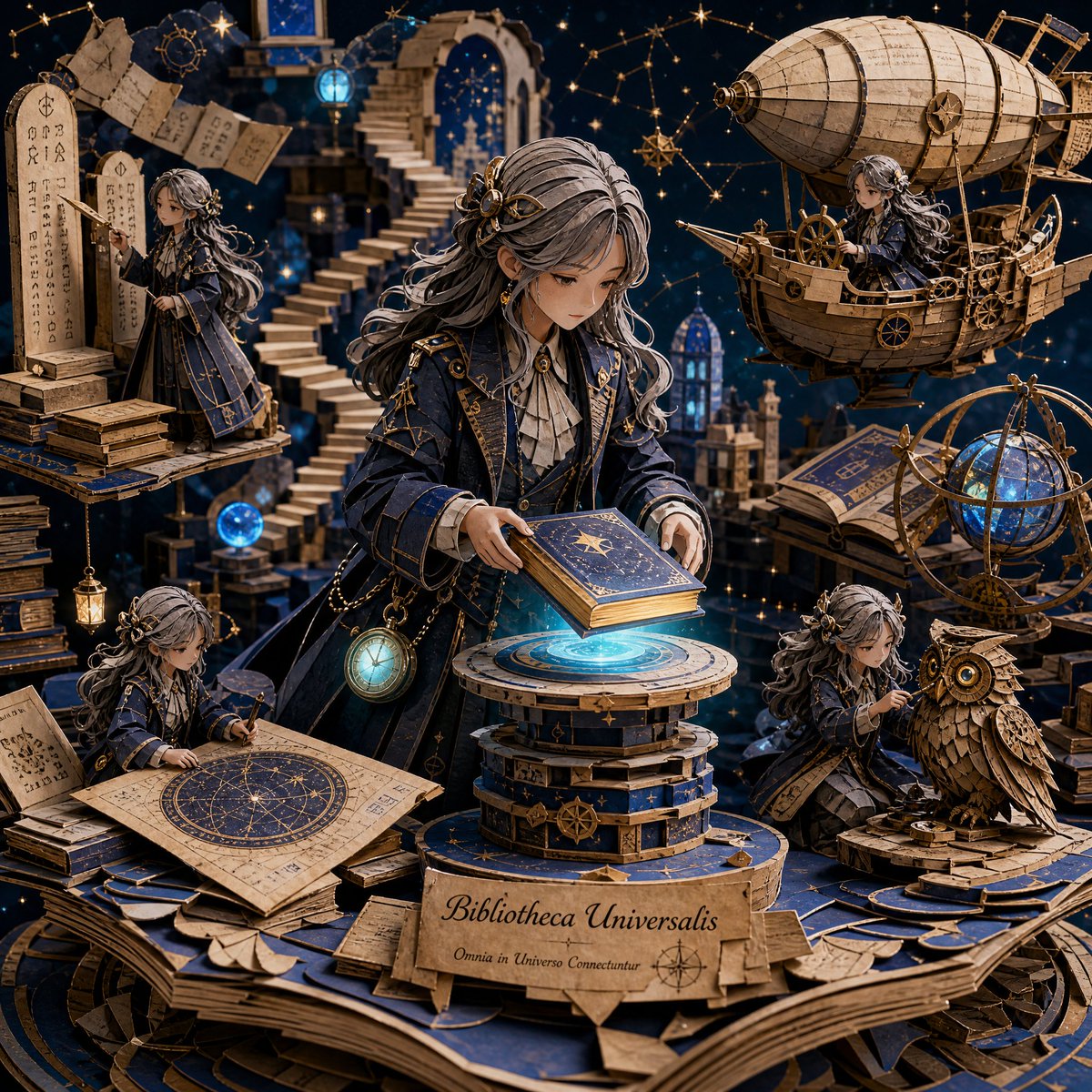 A young explorer places a glowing book onto a floating pedestal