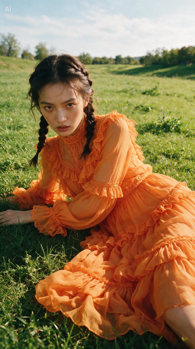 Woman in orange chiffon dress lies on green grass field