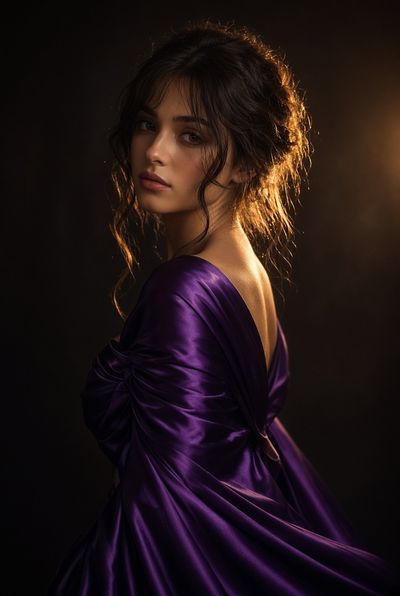 Dark-haired beauty in purple satin glances back in golden light