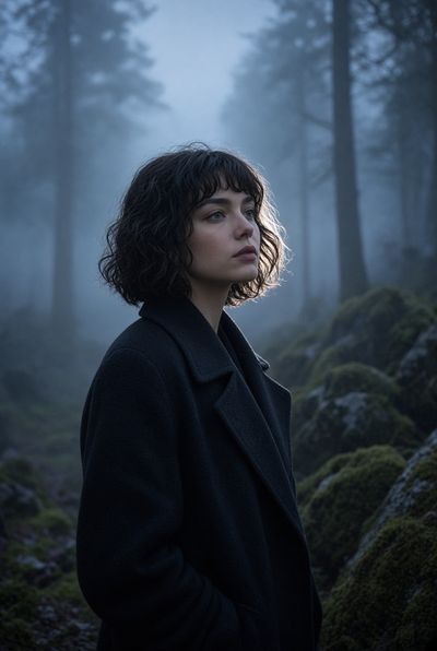 A Young Woman Gazes Upward in a Misty Forest