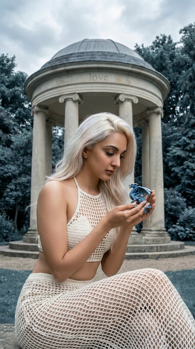 A blonde woman holds a yellow snake in a neoclassical rotunda