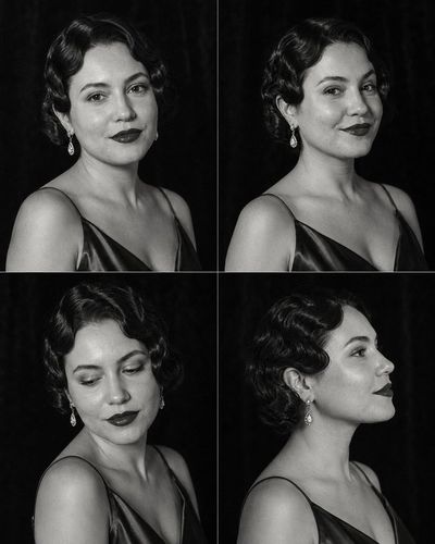 A woman poses in four vintage portraits on a contact sheet