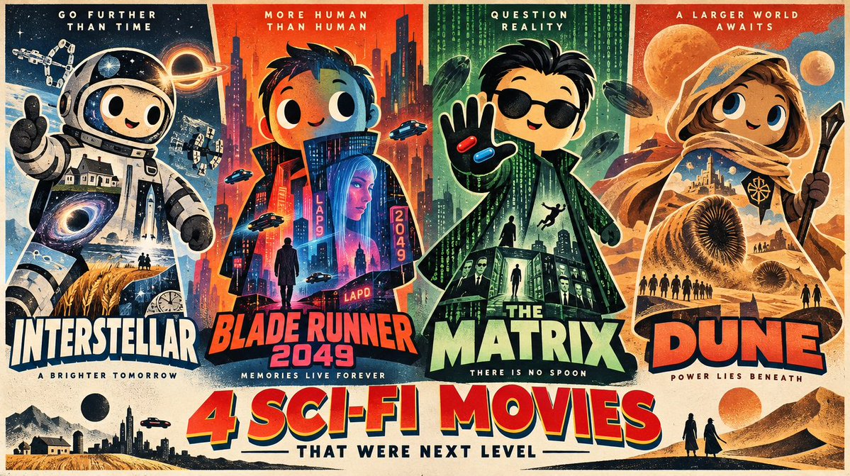 A cheerful mascot collages iconic sci-fi movie scenes in flat paper-cut style