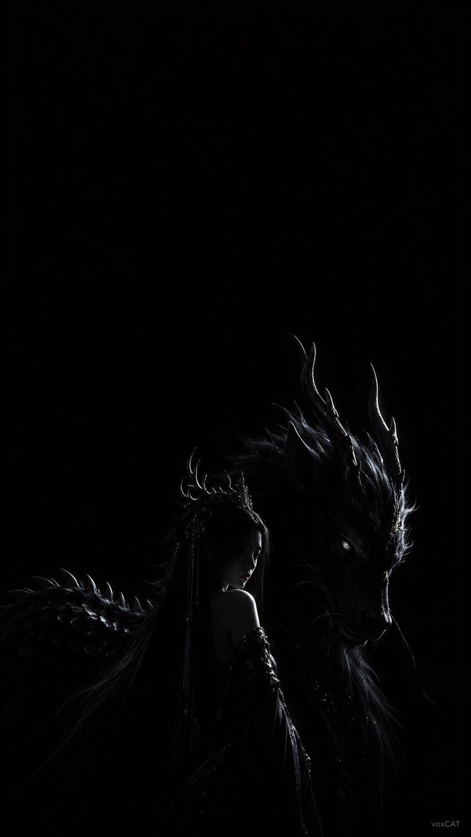 Low-key portrait reveals female warrior with mythical beast in black void
