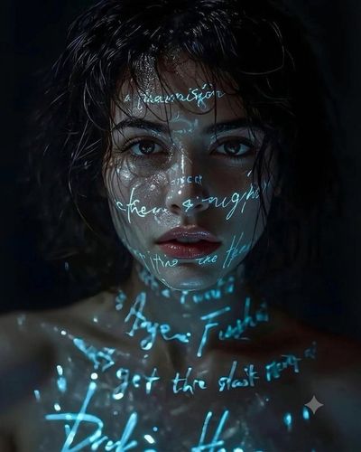 A woman with glowing cyan script stares intensely into the camera.