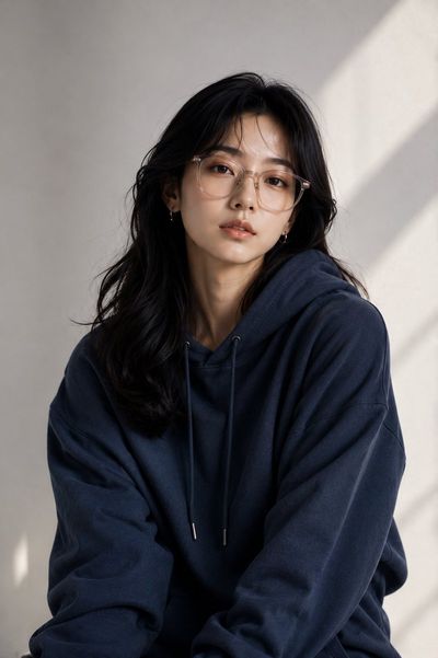 A young model in oversized navy hoodie sits in soft daylight