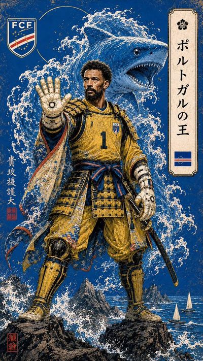 Samurai footballer stands heroically on cliffs as spirit guardian rises