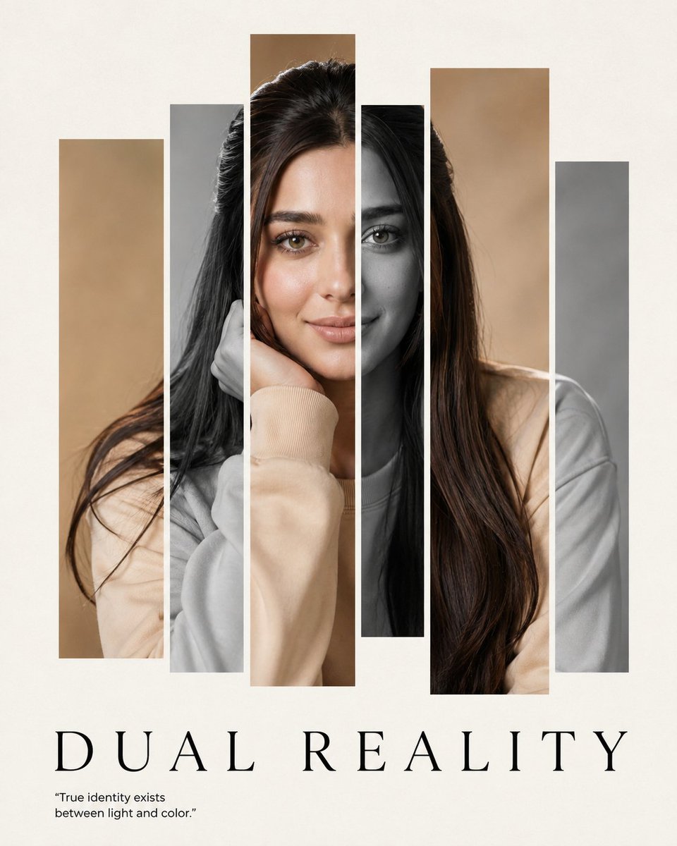 A single face revealed through six alternating color panels