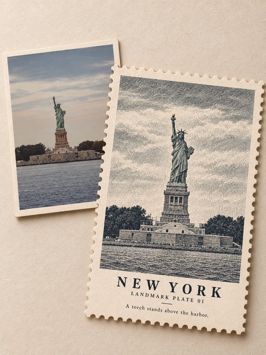 Etched Landmark Stamp Overlaps Real Photo on Warm Ivory Paper