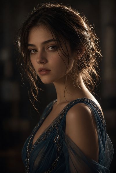 Young woman with warm brown eyes in dramatic studio portrait