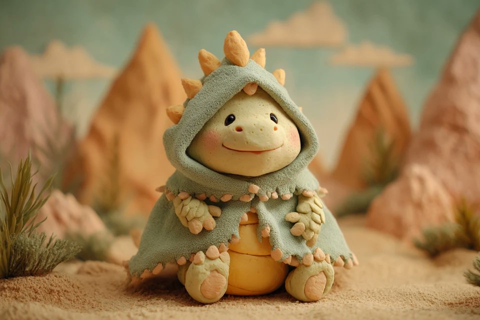 A playful baby in claymation wears a handmade red and blue hat