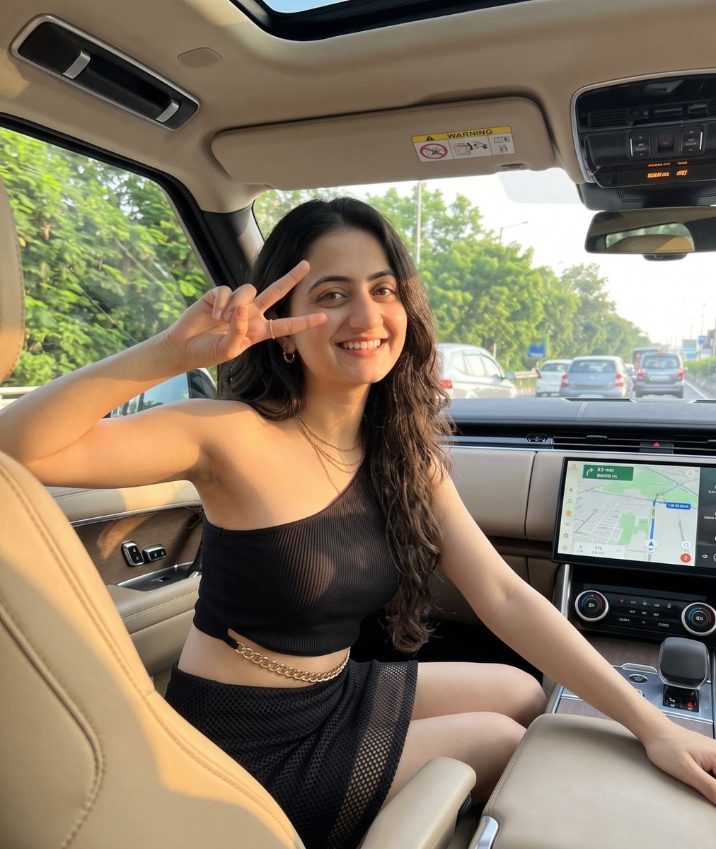 Young woman in black crop top flashes peace sign in luxury SUV