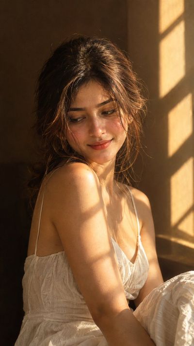 Golden Sunlight Caresses a Serene Woman in a Quiet Room