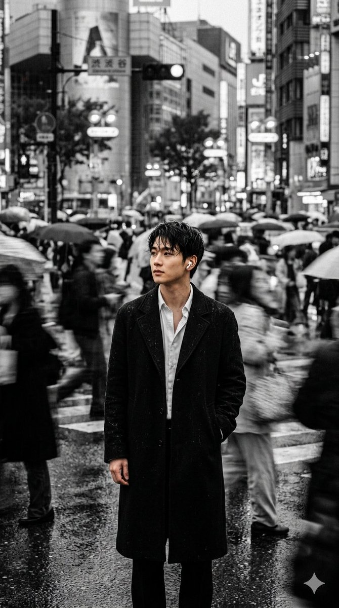 A lone man in black coat searches through blurry crowd