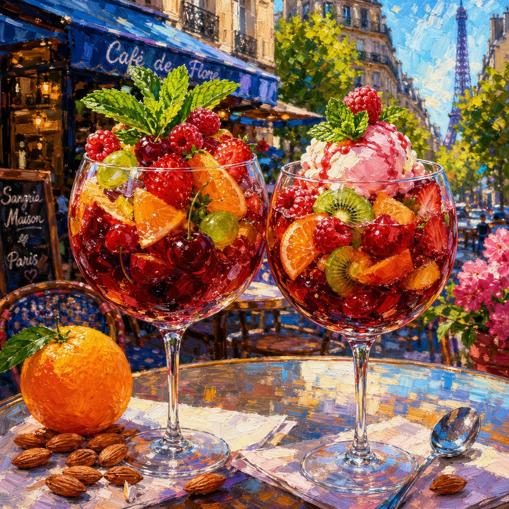Sunlit Parisian Café with Overflowing Sangria Glasses
