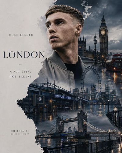 Football superstar profile blends with iconic city skyline in golden light