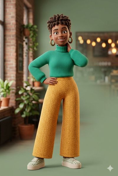 Woman with curly hair poses in warm cafe with string lights