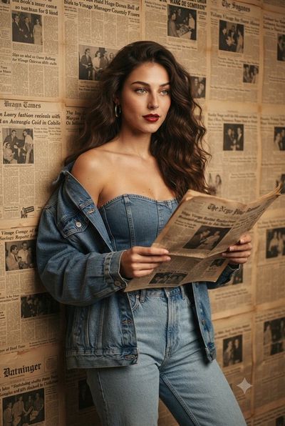 Denim-clad woman holds newspaper against vintage newsprint wall