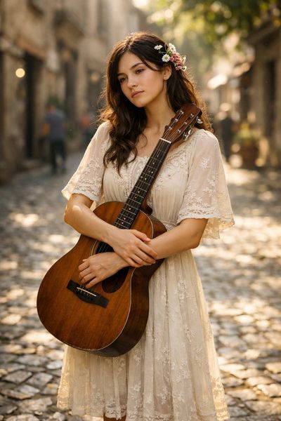 Introspective Guitarist in Sunlit Cobblestone Alley