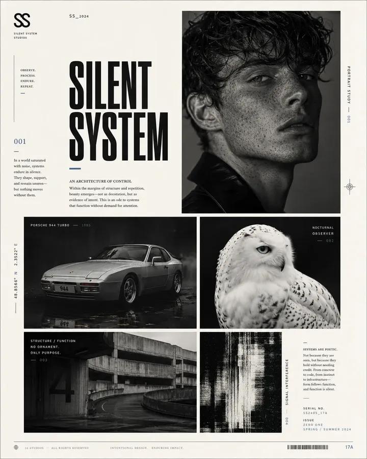 A high-contrast portrait anchors this avant-garde editorial grid