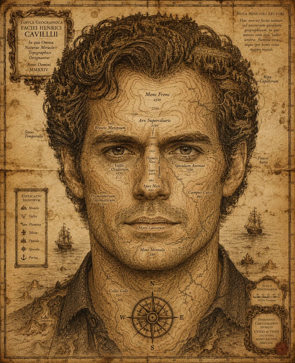 Antique map transforms a face into mountainous parchment terrain