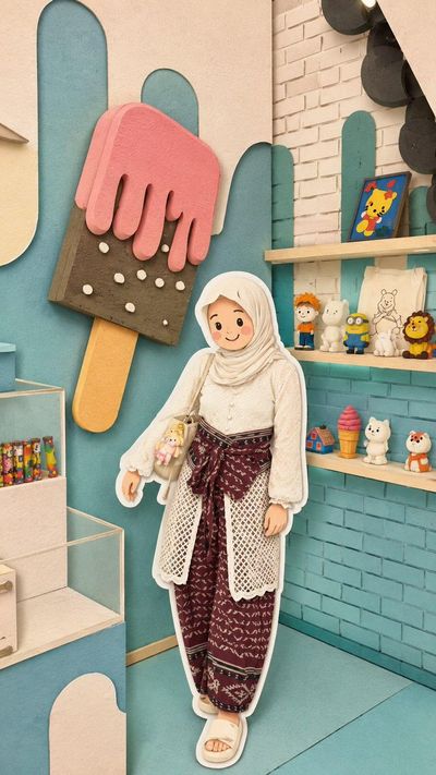 Two chibi Muslim friends share a giant ice cream in a pastel cafe
