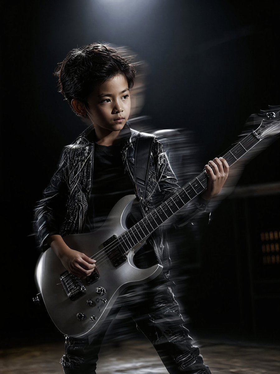 Young Guitarist Under Spotlight in High-Contrast Studio