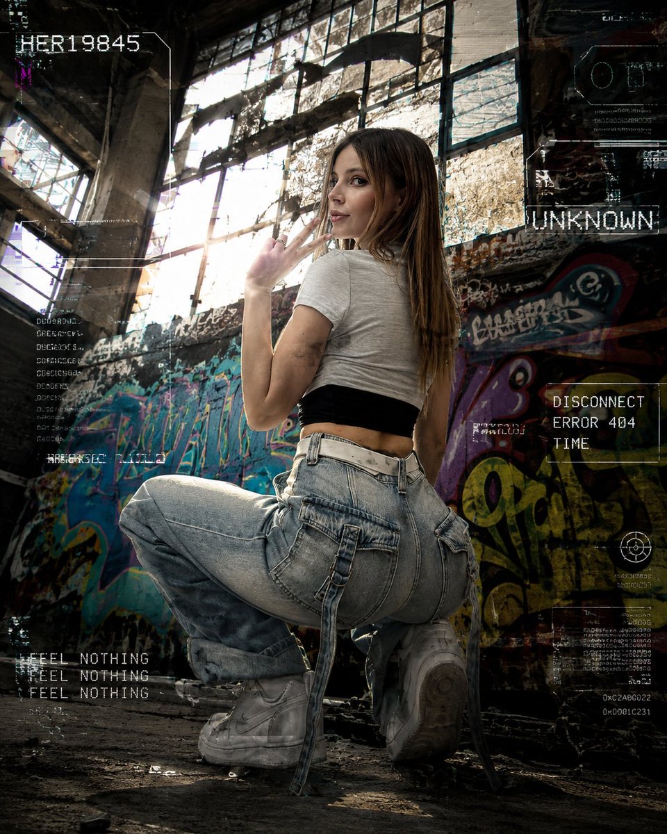 Urban grunge model poses by graffiti window in abandoned warehouse