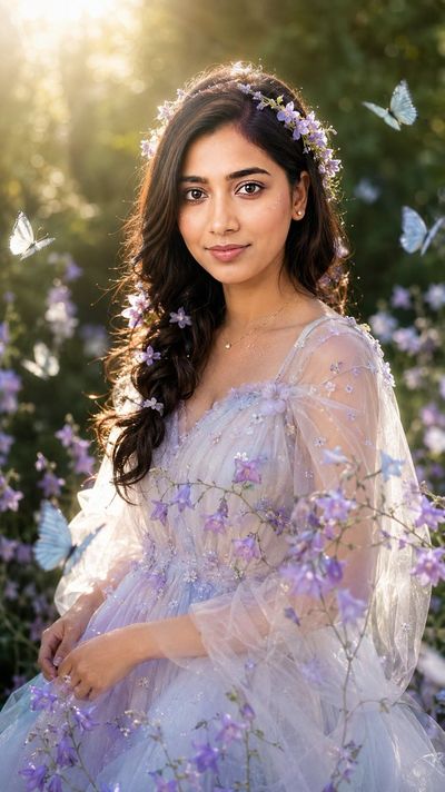 A garden fairy glows in soft backlight surrounded by butterflies