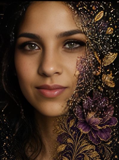 Serene Green-Eyed Woman Wears Intricate Gold-Embroidered Dark Veil