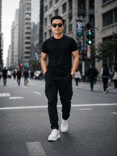 A young man in black walks confidently through a blurred downtown street.